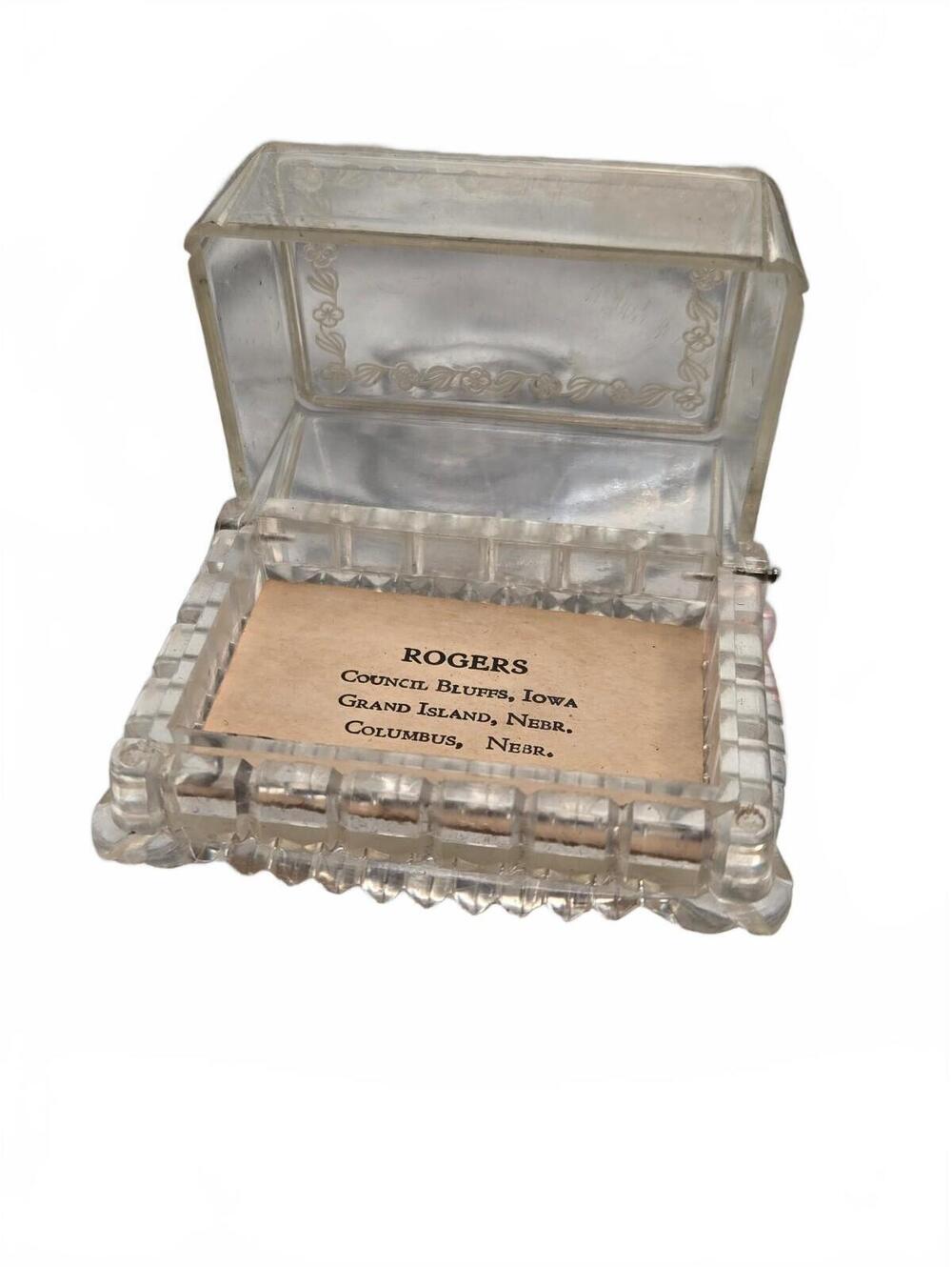 Vintage Clear Plastic Trinket Box Hinged Lid Rogers Jeweler Label Iowa Nebraska